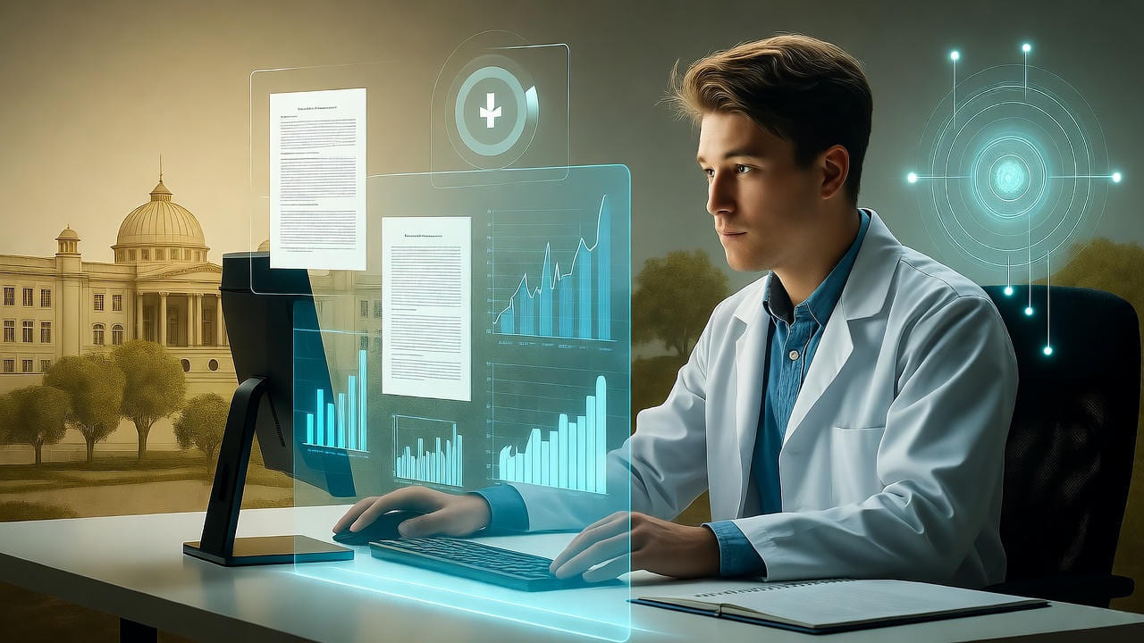 A young researcher wearing a white lab coat working on a futuristic computer with transparent digital screens showing charts, graphs, and medical documents. The background features a classical university or research institution building with trees, symbolizing scientific innovation, medical data analysis, and advanced healthcare research in an academic environment.